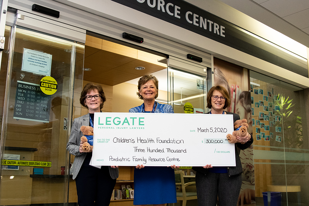 Legate Personal Injury Lawyers made a gift of $300,000 to Children’s Health Foundation to expand the hours and services of the Paediatric Family Resource Centre.