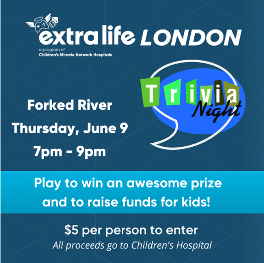 Trivia Night at Forked River Brewing Company! Join Extra Life London on June 9, 2022, from 7-9 pm. Cold drinks, good food, and amazing prizes!