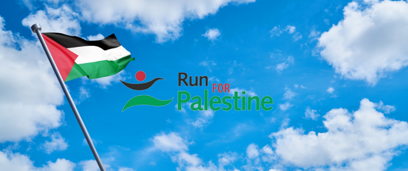 Blue sky, Palestine flag on left side, Run For palestine text in Black Red and green in center