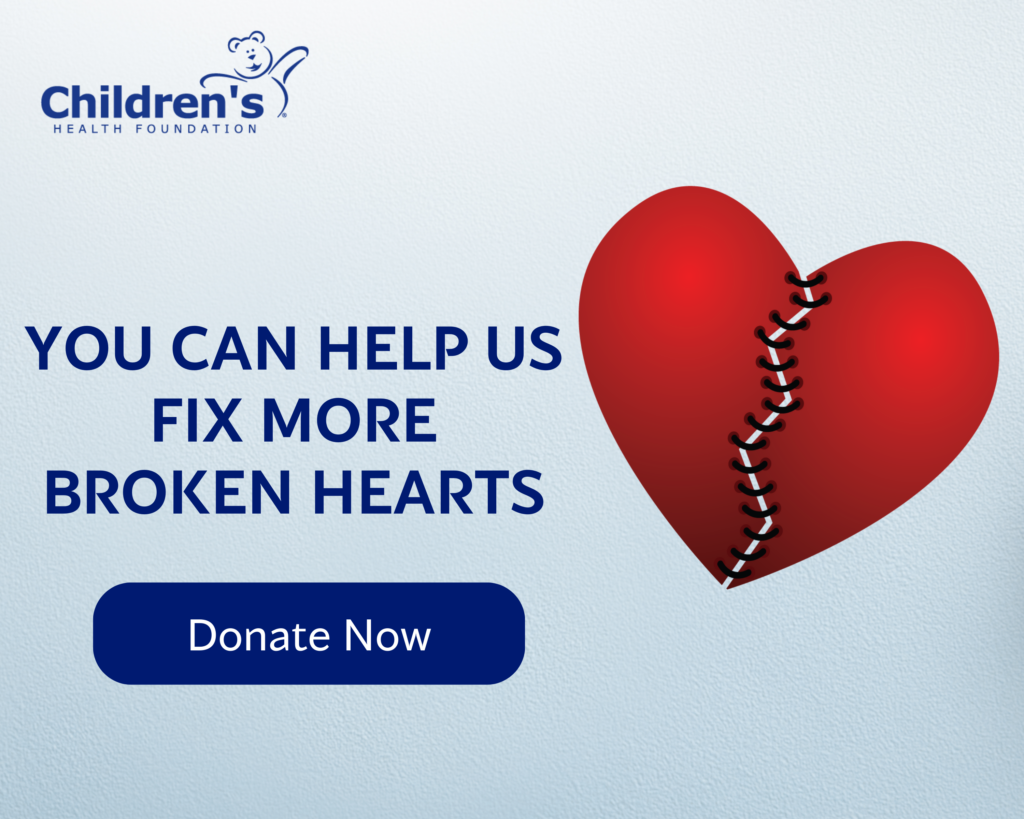 You can help us fix more broken hearts Donate Now - Red Stitched Up Heart and Children's Health Foundation Logo