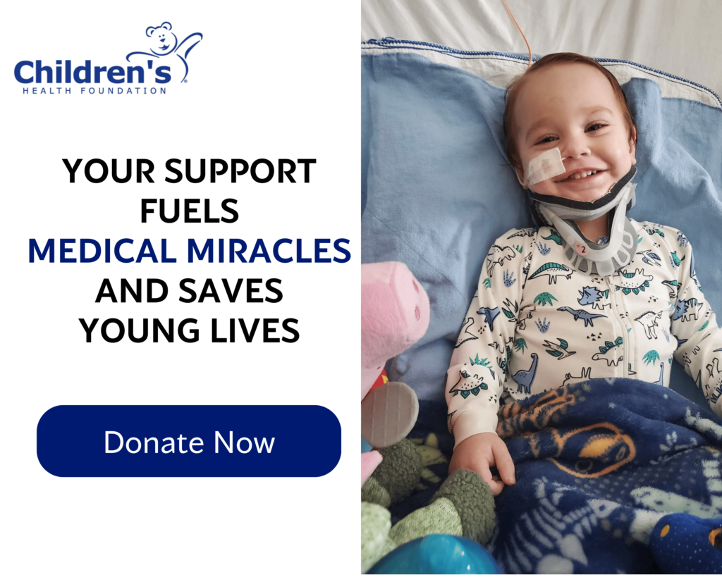 Your support fuels medical miracles and saves young lives. Donate now. Photo of young child in neck brace in hospital bed.