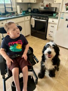 A child using a wheelchair in a kitchen with a black and white dog sitting on the floor next to him.