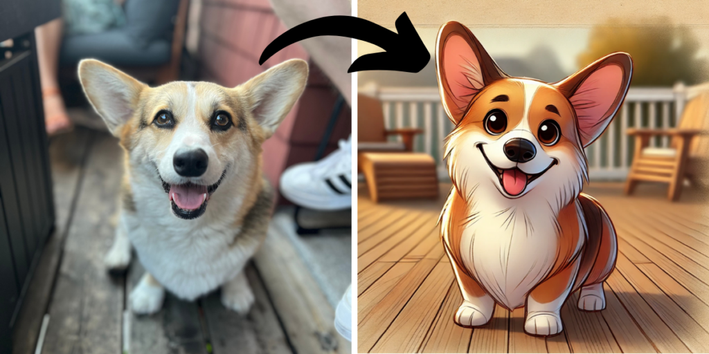 Side-by-side image of a corgi that appears to be smiling on the left, and on the right, the same corgi drawn in a cartoon style.